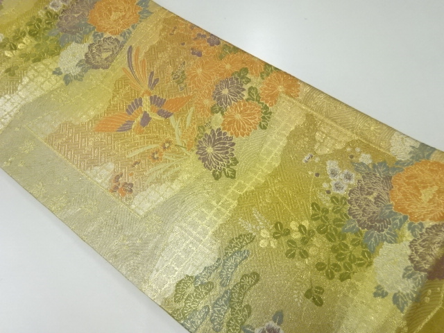JAPANESE KIMONO / VINTAGE FUKURO OBI / SILK / WOVEN FLORAL PLANTS